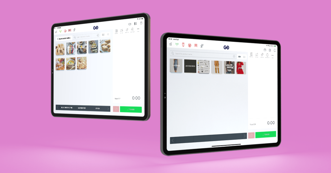 two ipad iwth extendago kassasystem implementation on a pink backround