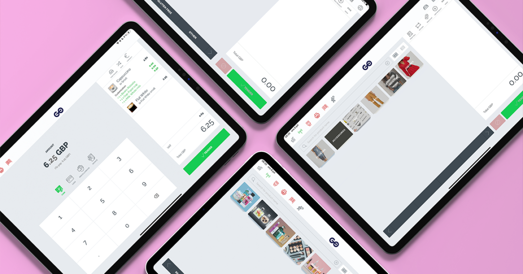 Visning av kassasystem funktioner på fyra digitala enheter som visar olika skärmar med transaktioner och produktkataloger på ett modernt POS-system
