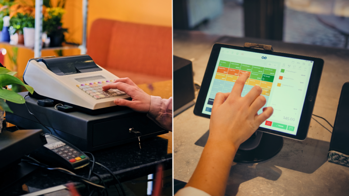 A split-screen or "Before & After" style. On the left a close-up of an old, clunky plastic-button cash register. On the right, a modern tablet-based POS showing a clean interface.